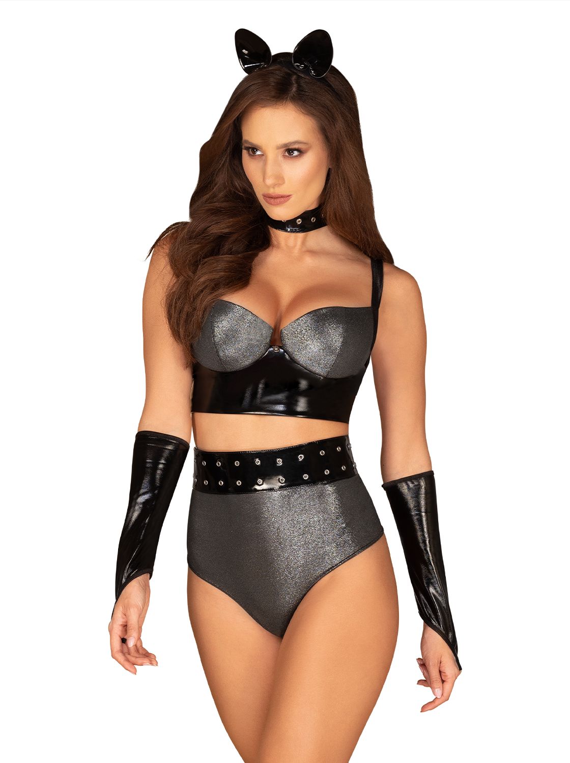 Silveria silver and black six-piece satin and leather-look set by Obsessive