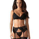 Black triangle cup lace garter set with bra, garter belt and thong by Obsessive