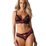 Tulia black and pink mesh and lace bra and panties set with rose motifs by Obsessive