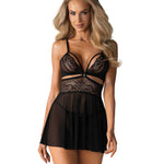 Black cross-strap tulle babydoll with lace bra and thong by Obsessive
