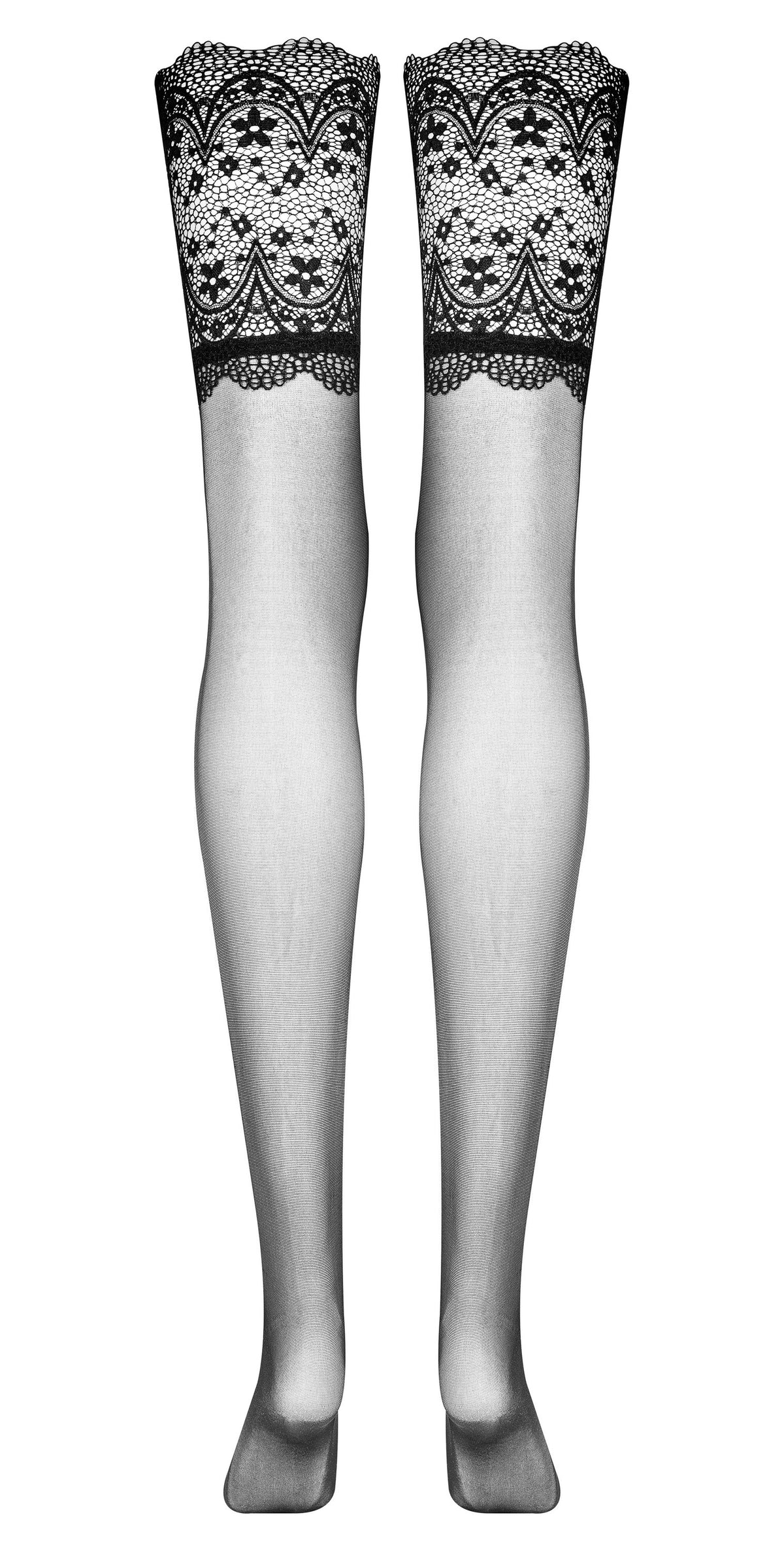 An additional view of the Obsidian black lace top stockings