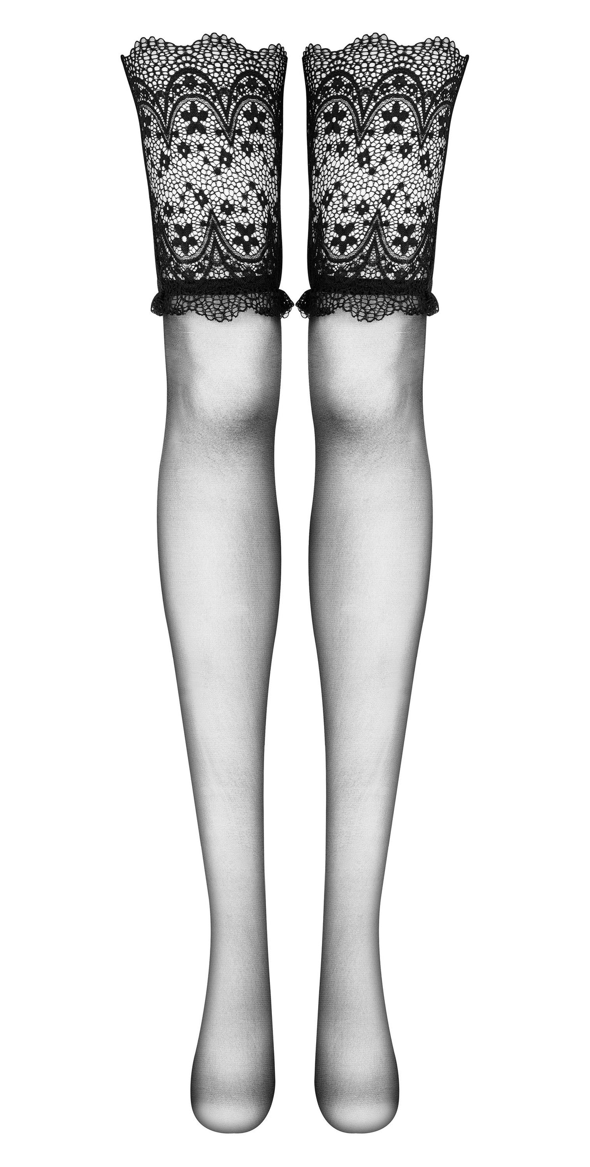 The Obsidian black lace top stockings seen from another angle