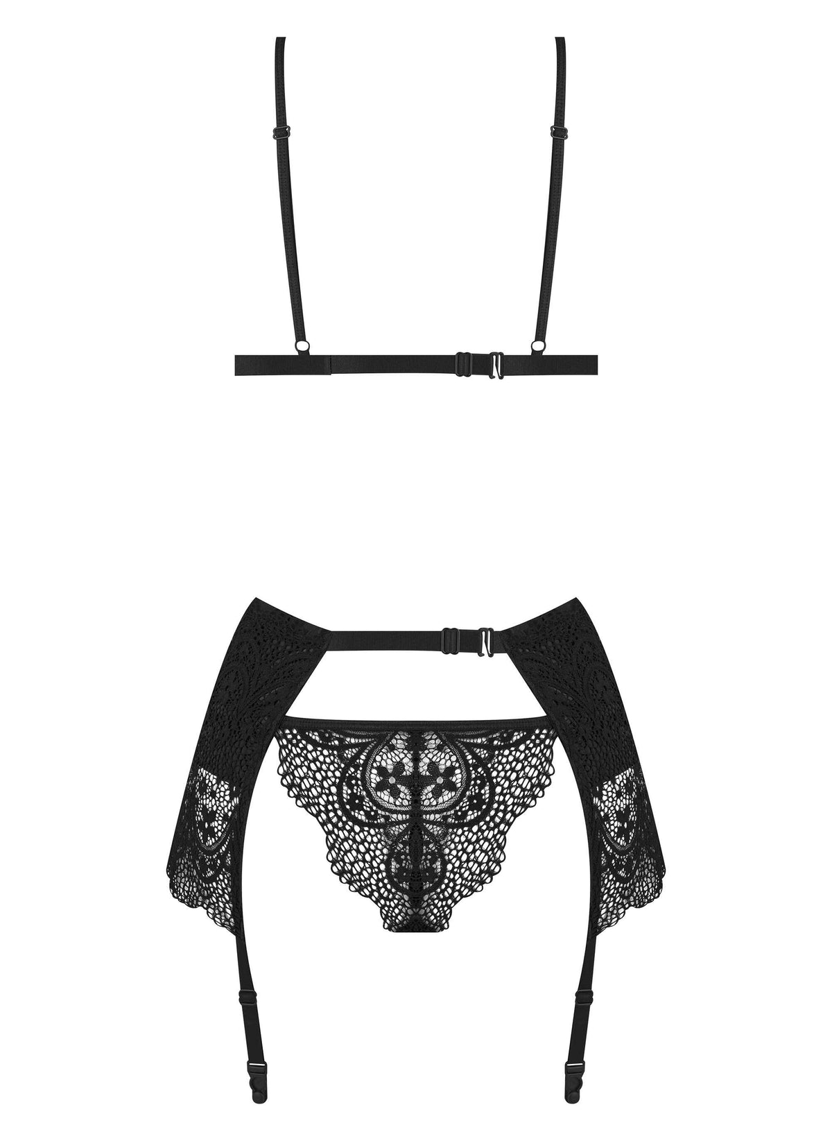 The Obsidian Desire black wet-look and lace set, seen from a different angle