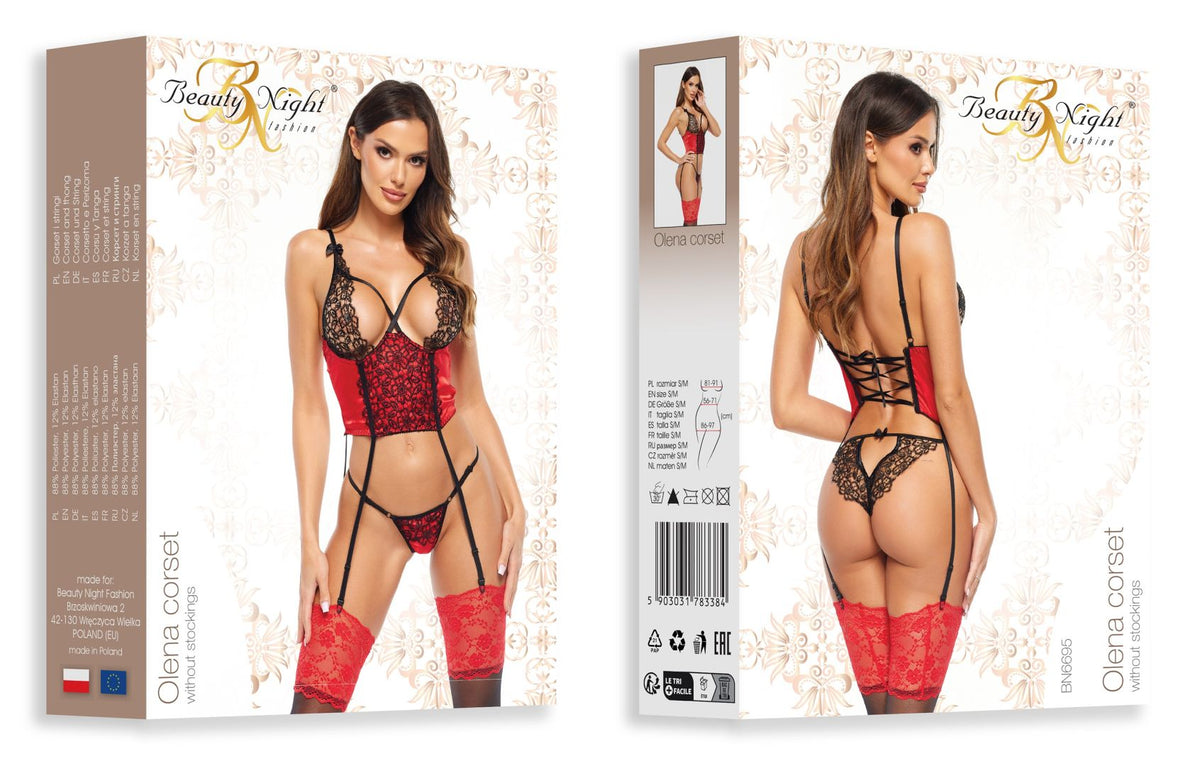 The Olena red satin and lace corset set, seen from a different angle