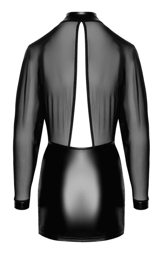An additional view of the Opium black mesh and wetlook two-piece