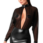 An alternate view of the Opium black mesh and wetlook two-piece, with a high neck and long sleeves