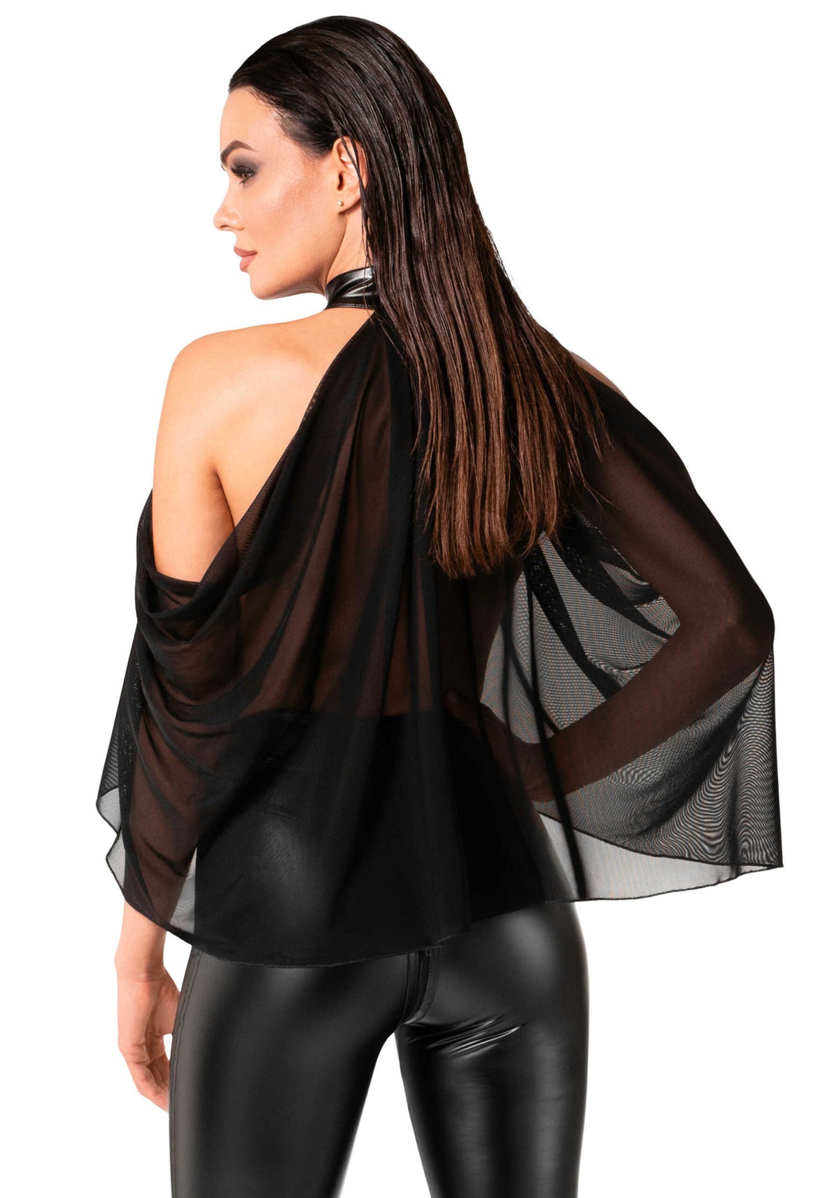 An alternate view of the Opium black sheer mesh bolero, with dual snap buttons on the collar