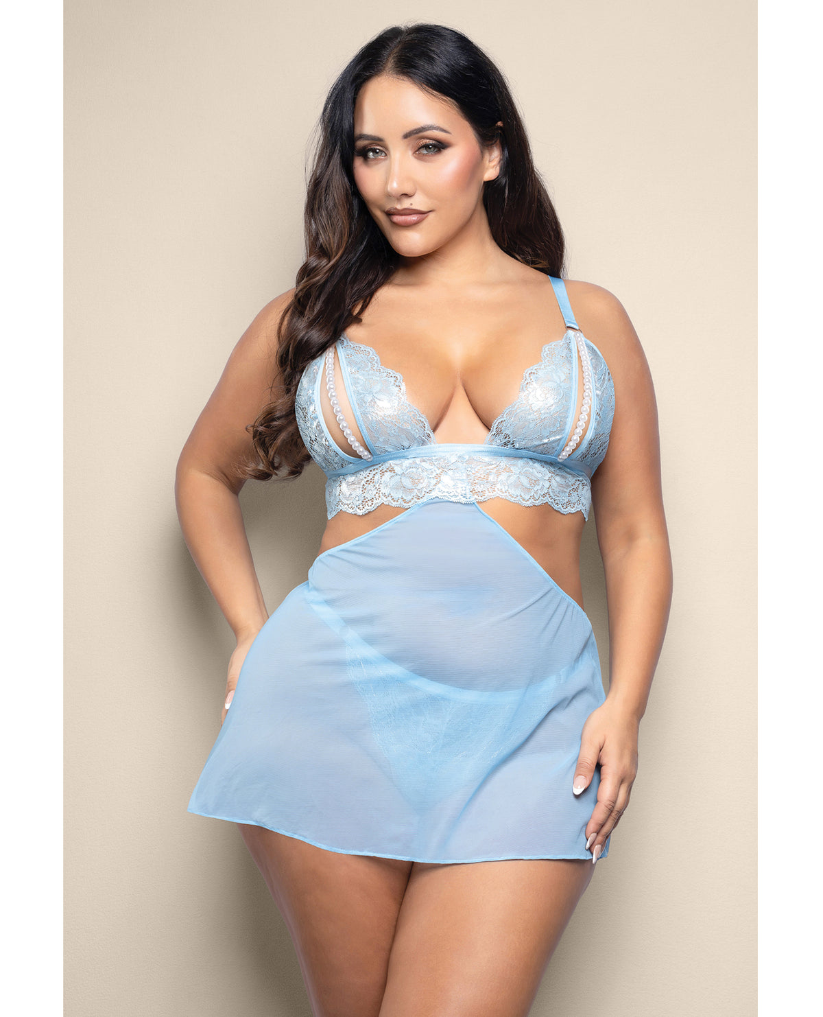 Plus size light blue metallic lace 2-in-1 bralette and skirt set with pearl details by Opulence by Fantasy