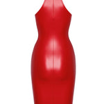 The Orgia red wetlook halter midi dress, seen from a different angle