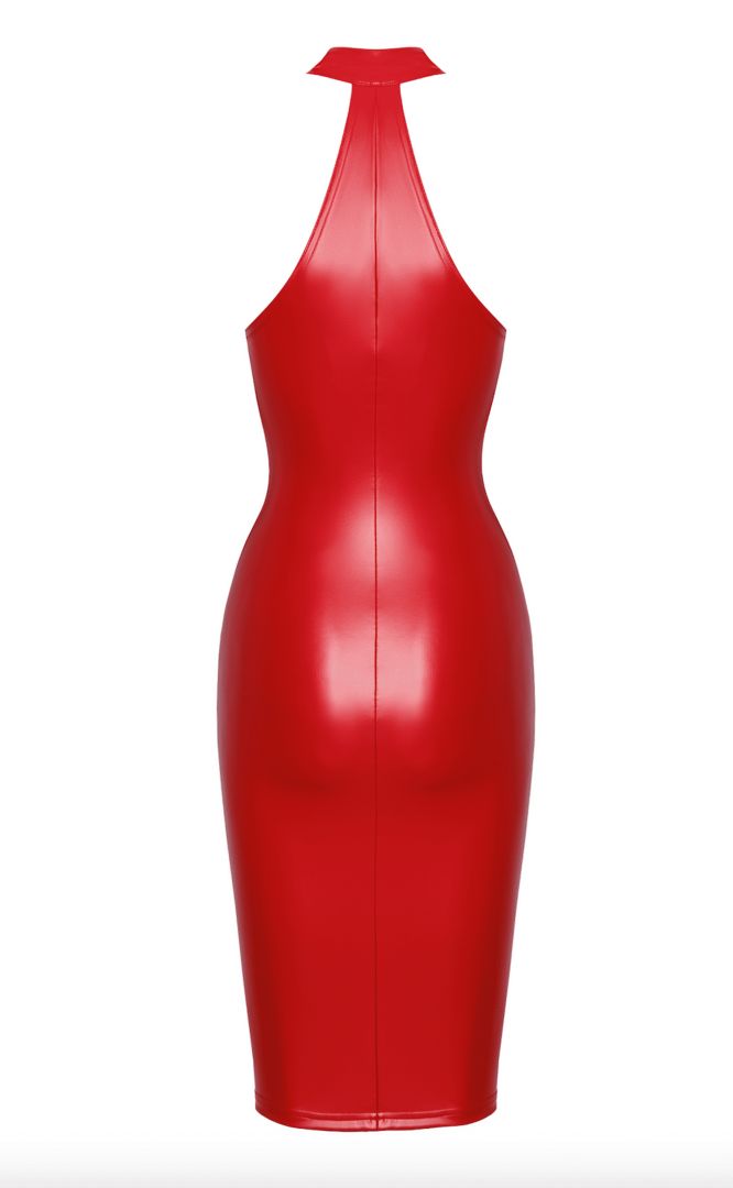 The Orgia red wetlook halter midi dress, seen from a different angle