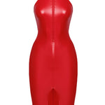 A further look at the Orgia red wetlook halter midi dress