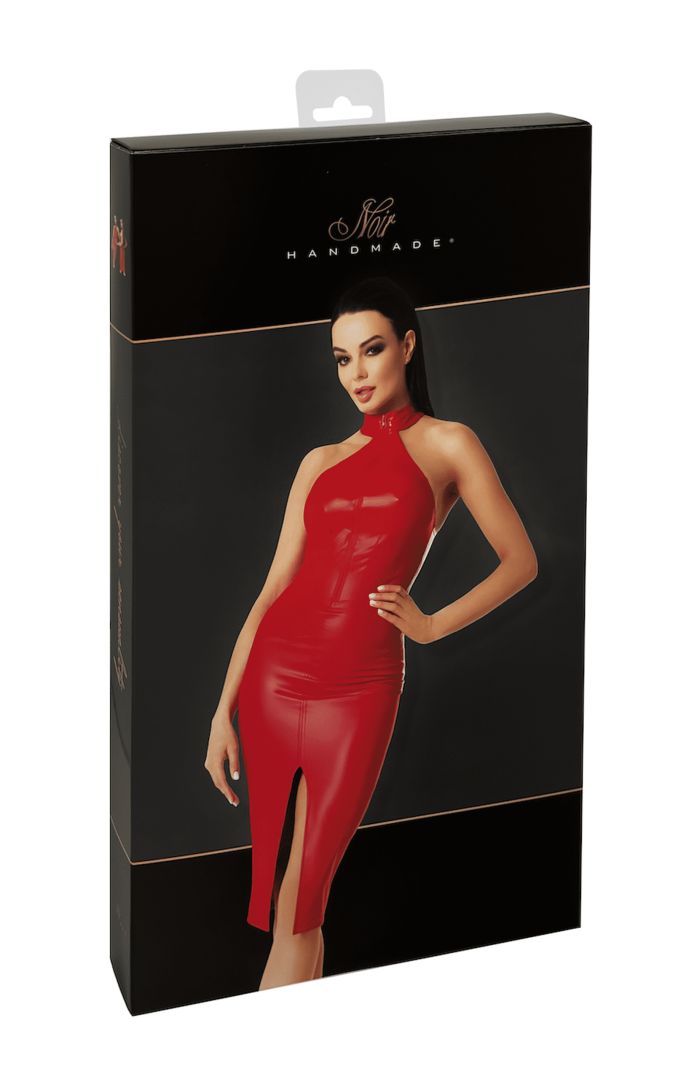 One more view of the Orgia red wetlook halter midi dress