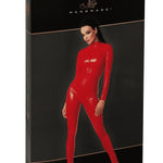 The Orgia red wetlook jumpsuit, shown in an alternate image