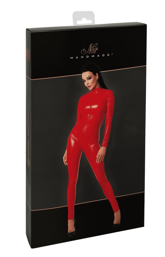 The Orgia red wetlook jumpsuit, shown in an alternate image