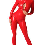 An alternate view of the Orgia red wetlook jumpsuit, with a high neck
