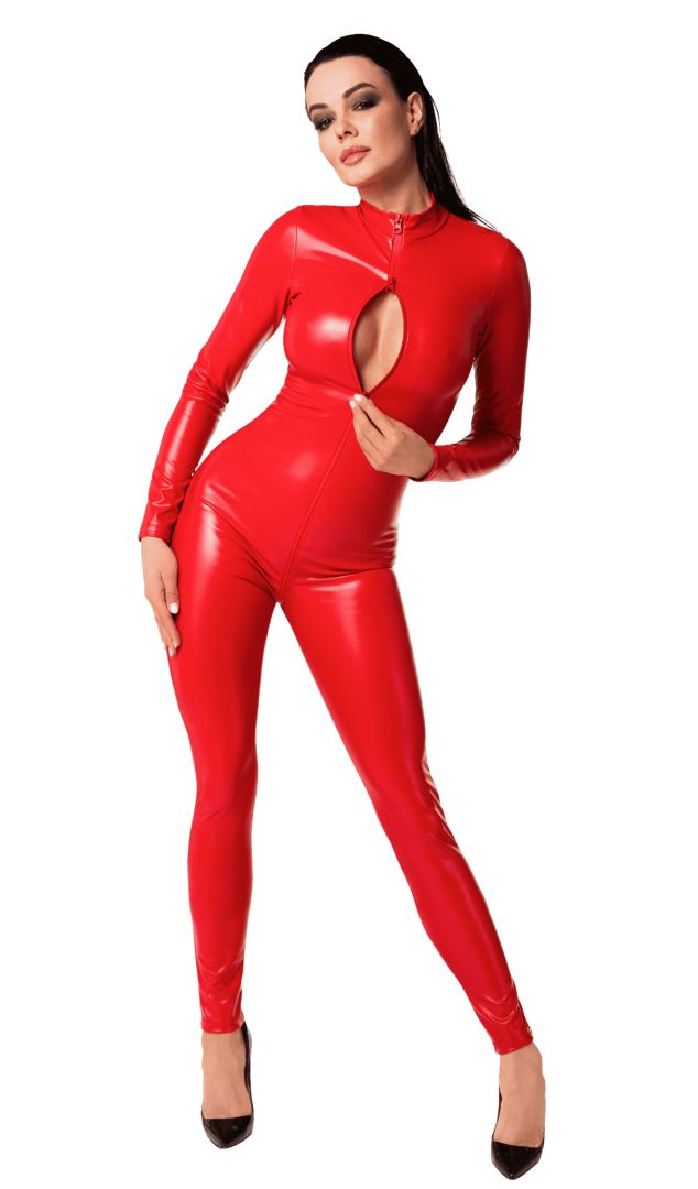 An alternate view of the Orgia red wetlook jumpsuit, with a high neck