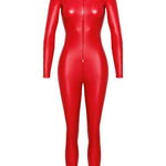 The Orgia red wetlook jumpsuit, seen from a different angle