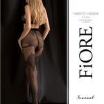 Orient Charm black 15 denier arabesque stockings with openwork detailing and lurex shimmer