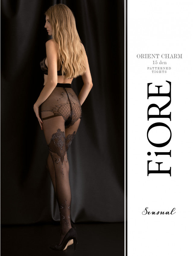 Orient Charm black 15 denier arabesque stockings with openwork detailing and lurex shimmer