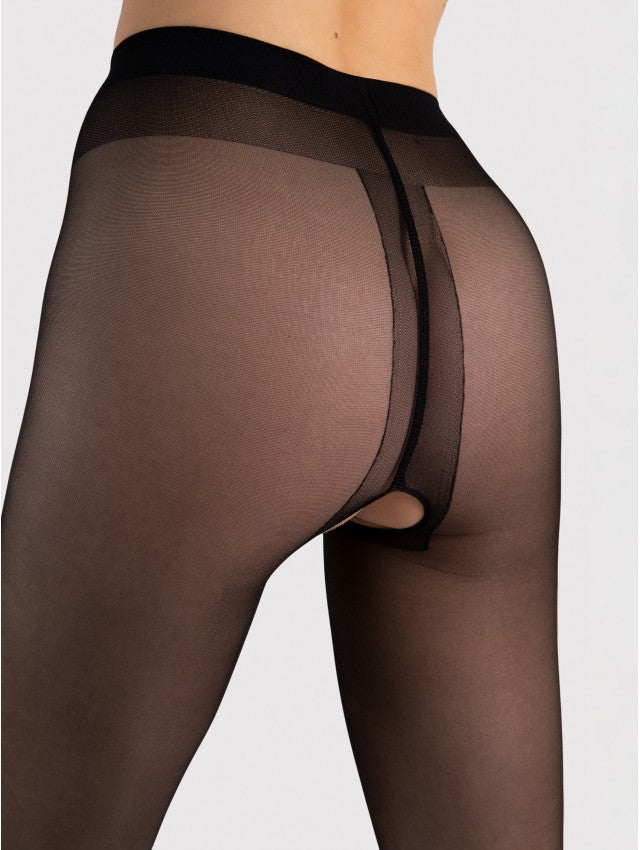 Ouvert black 20 denier crotchless tights with a soft microfiber sheen
