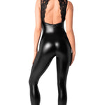 The Pandora black lace and wetlook catsuit with an open back