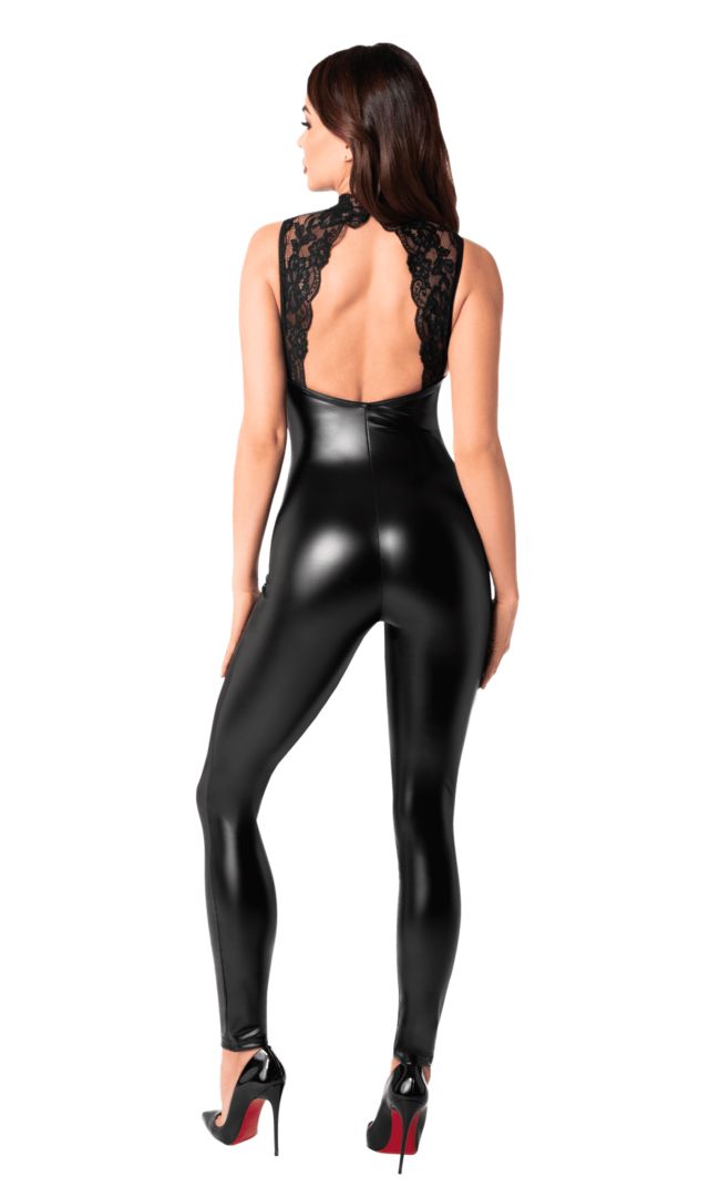 The Pandora black lace and wetlook catsuit with an open back