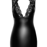 An additional view of the Pandora black lace and wetlook mini dress