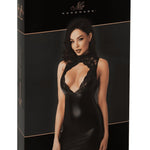 The Pandora black lace and wetlook mini dress, seen from a different angle