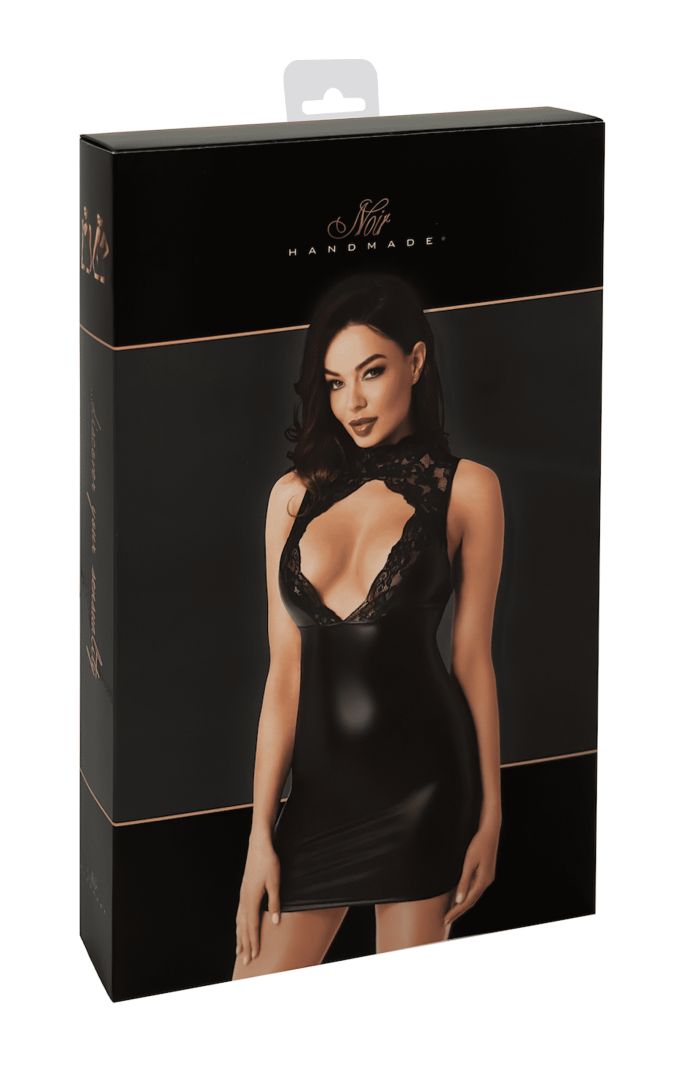 The Pandora black lace and wetlook mini dress, seen from a different angle