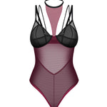 Parisel burgundy and black sheer high-cut teddy with a snap-closure choker