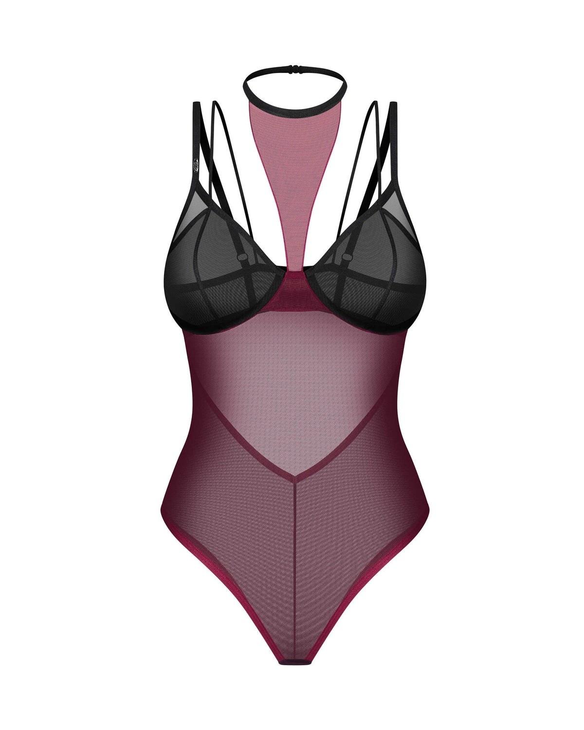 Parisel burgundy and black sheer high-cut teddy with a snap-closure choker