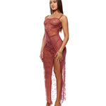 Mauve lace patchwork nightgown with contrast sheer mesh panels