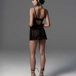 Perisia black babydoll and thong set featuring transparent fabric and delicate lace