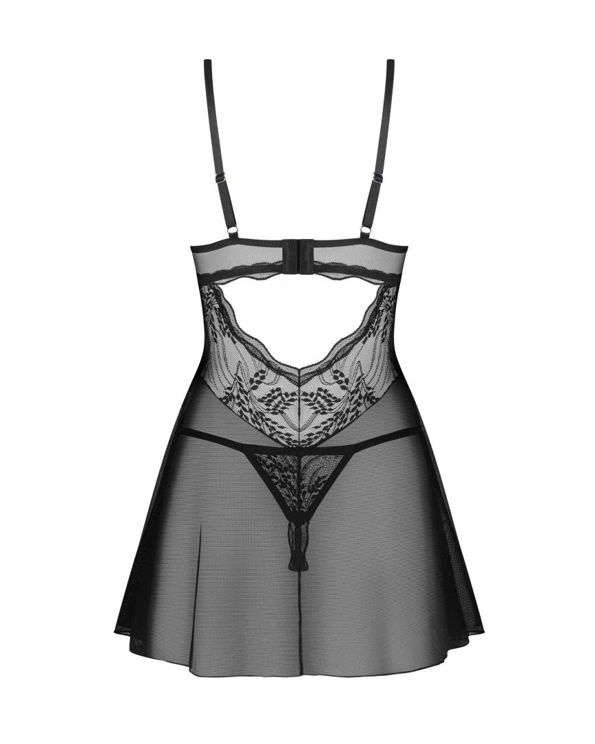Perisia black babydoll and thong set with underwired cups
