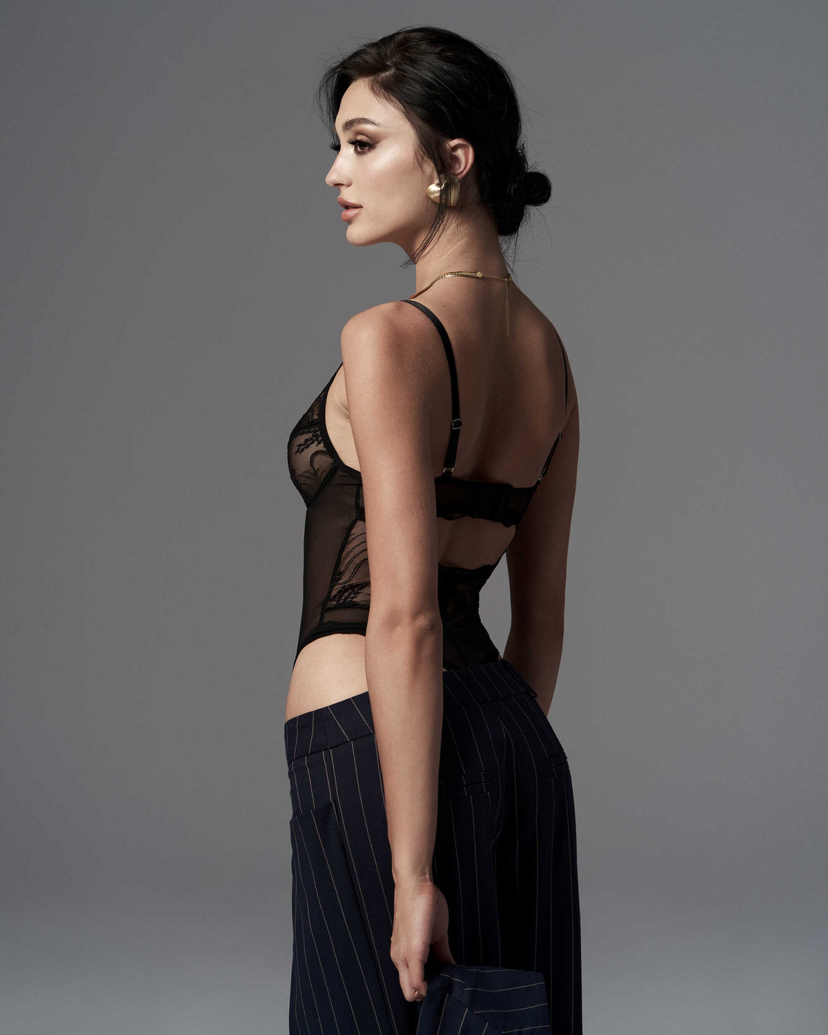 Alternate view of the Perisia black crotchless lace teddy