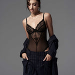 Perisia black crotchless lace teddy featuring silver metal accents