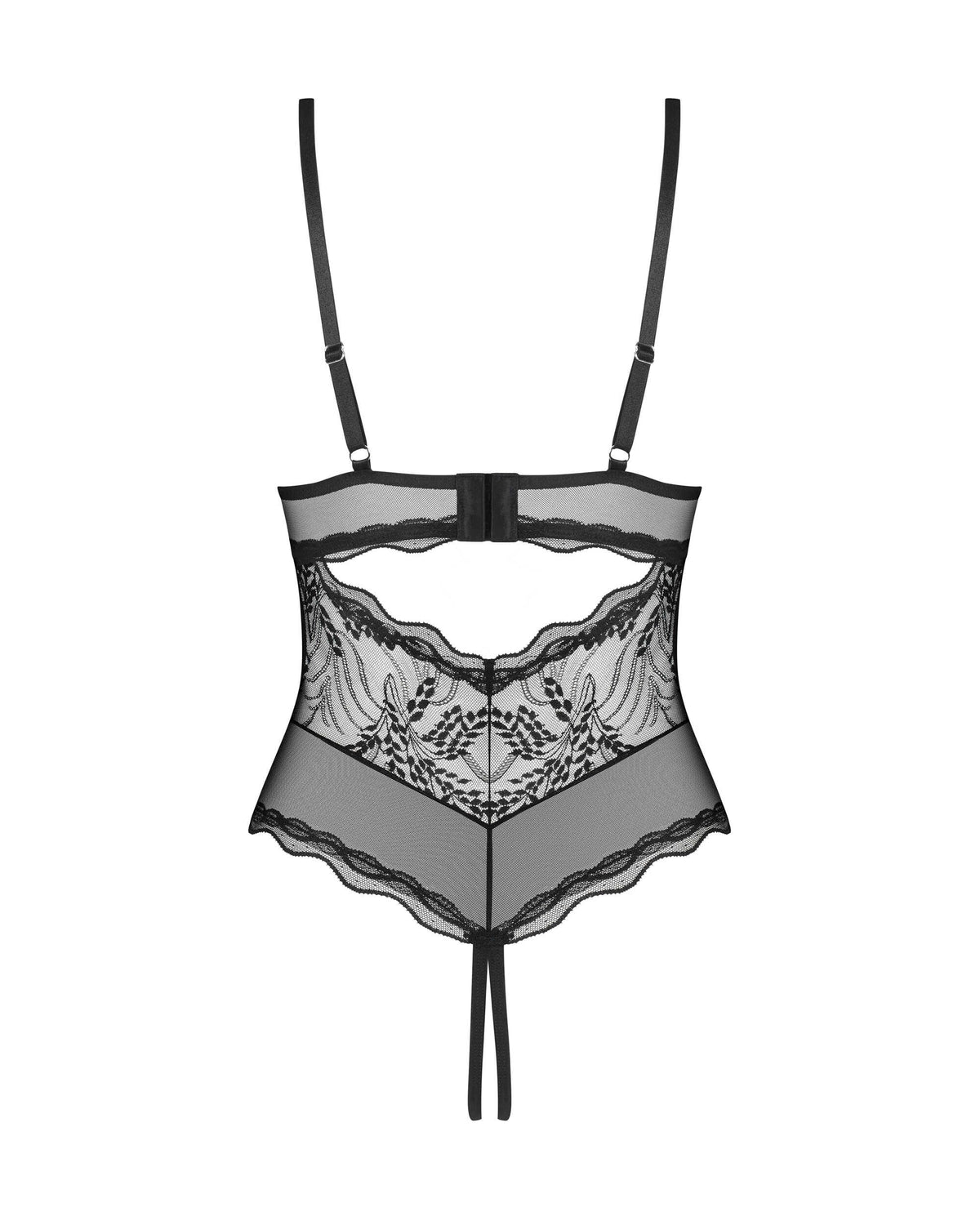 Perisia black crotchless lace teddy with underwired elastic lace cups