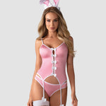 The pink bunny suit costume seen from another angle
