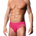 Pink lace open back men's brief in a nylon and spandex blend