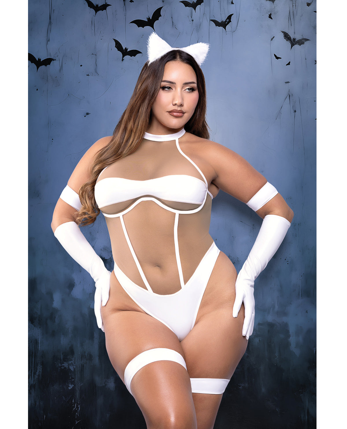 Plus size Midnight Purr white illusion mesh halter cat teddy and accessories costume set by Play by Fantasy Lingerie
