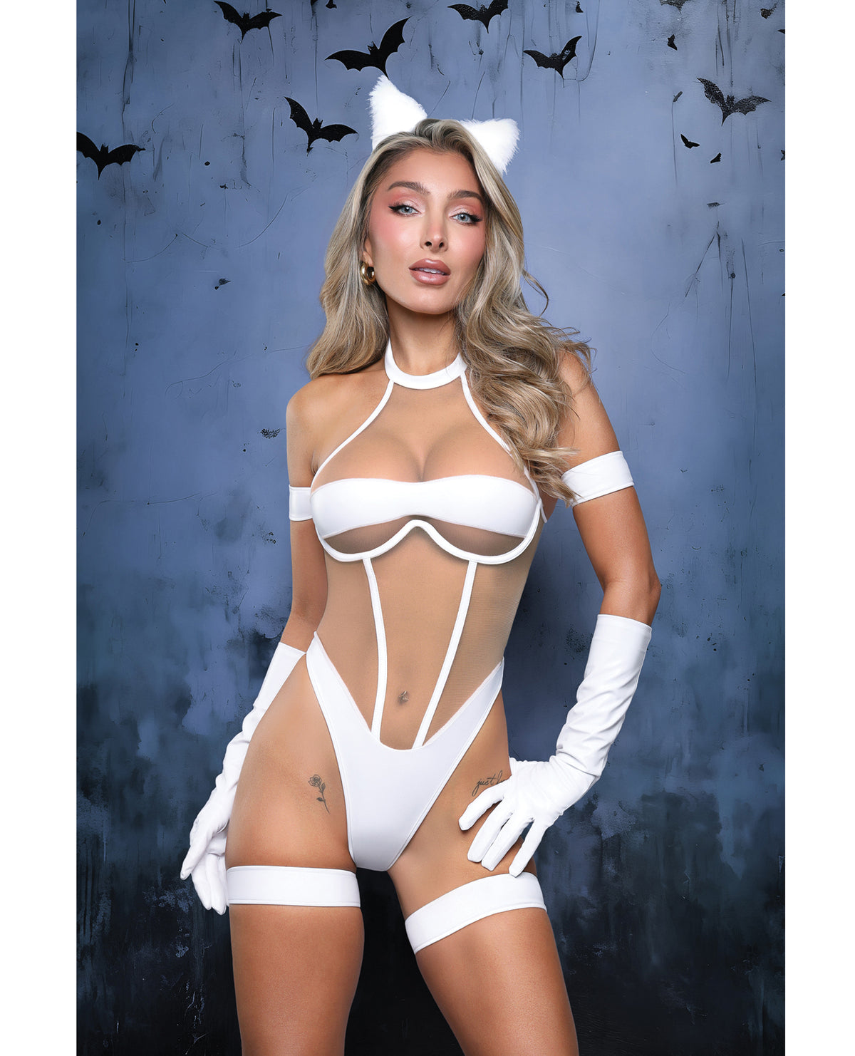 Midnight Purr white illusion mesh halter cat teddy and accessories costume set by Play by Fantasy Lingerie