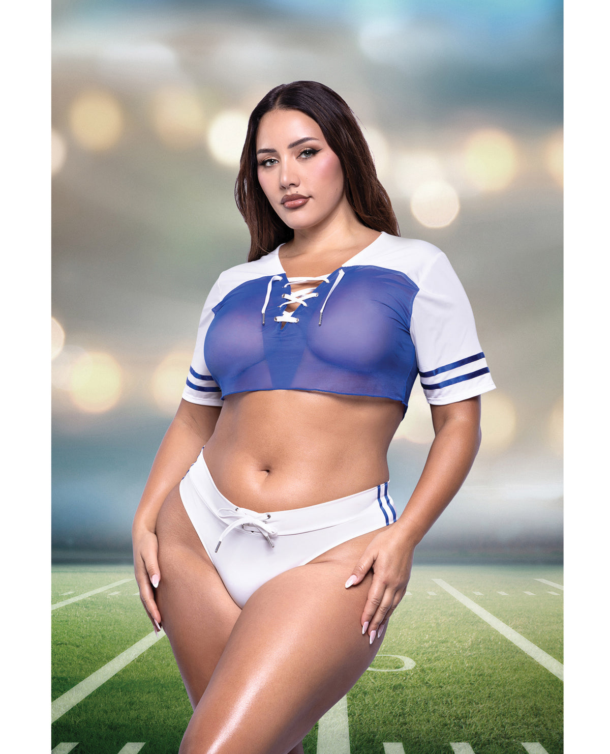 Plus size Play the Field blue sheer lace-up mesh jersey and cheeky panty costume set by Play by Fantasy Lingerie