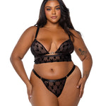 Plus size Bunny Charm black flocked logo mesh bralette and thong set by Playboy by Roma