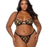 Plus size Gold Foil black and gold logo mesh bralette and thong set with satin binding by Playboy by Roma