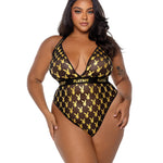 Plus size Gold Foil black and gold logo mesh halter teddy by Playboy by Roma