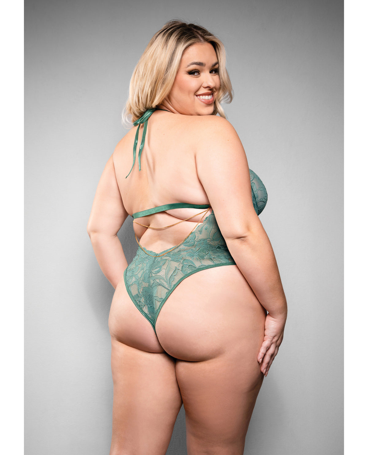 Plus size green stretch lace teddy with a chain that clips on or off