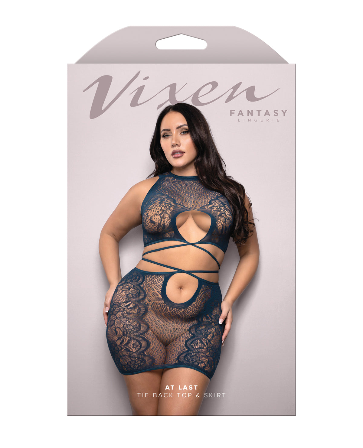 Plus size navy floral lace top and skirt set, another angle