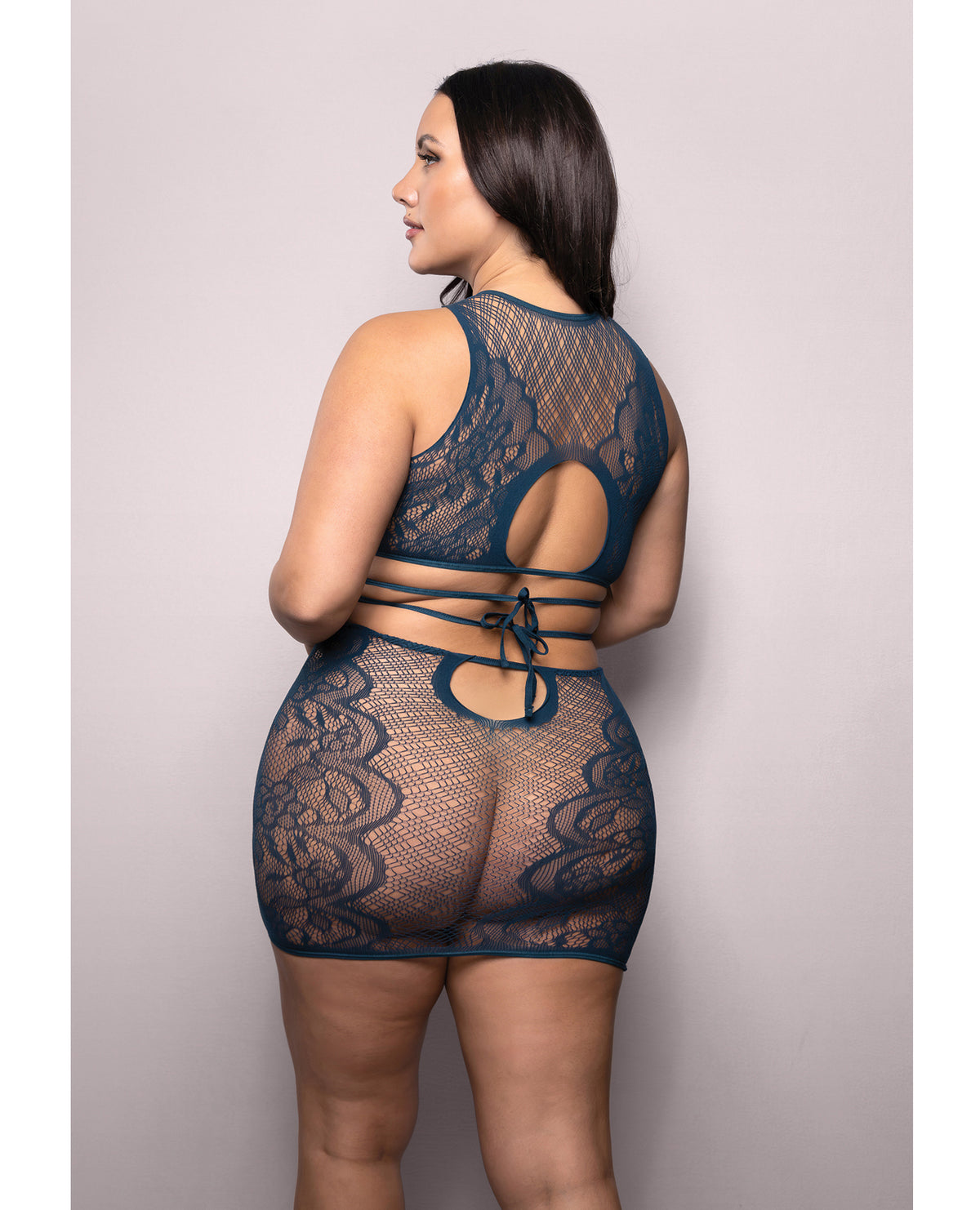 Plus size navy floral lace top and skirt set with a matching skirt