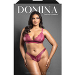 Plus size berry lace bralette set with leatherette and zipper details, additional view