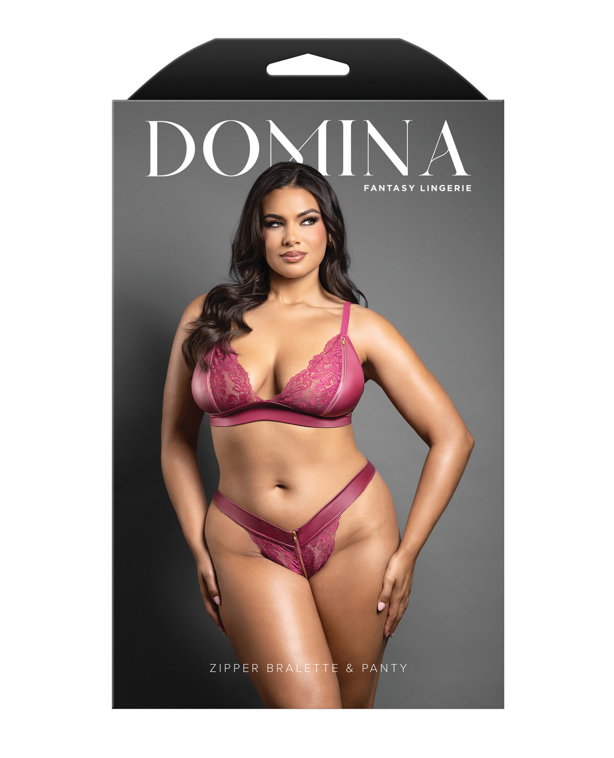 Plus size berry lace bralette set with leatherette and zipper details, additional view